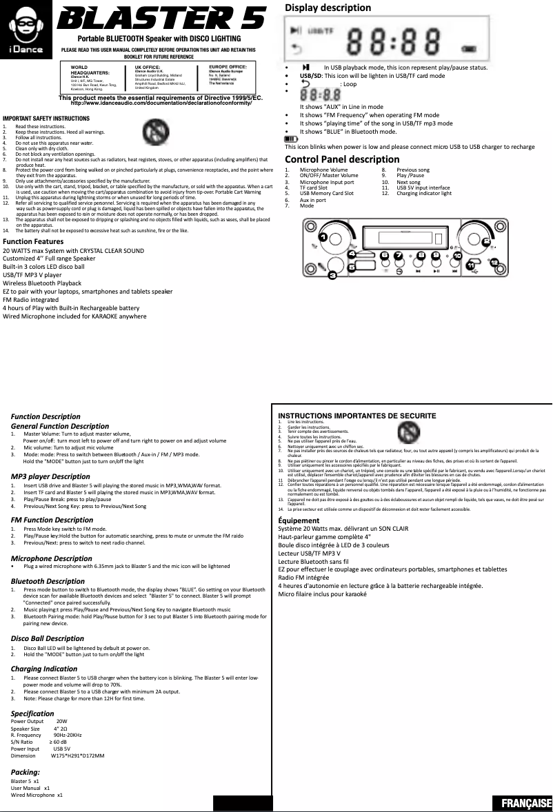 Page 1 de la notice Manuel utilisateur iDance Party Box BLASTER 5