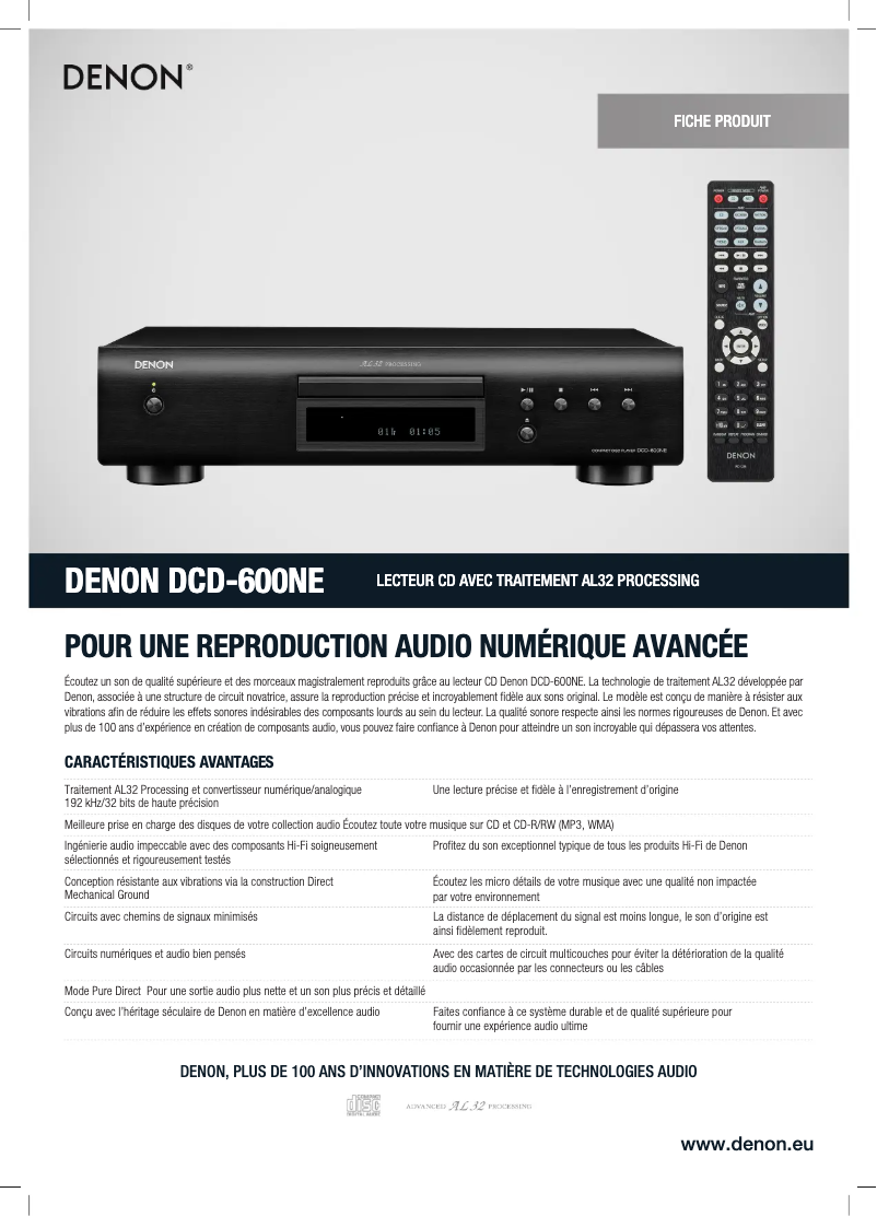 Page 1 de la notice Fiche technique Denon DCD-600NE