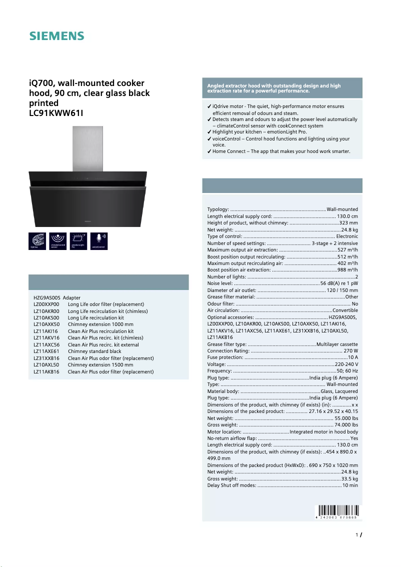 Page n°1 - Fiche technique Siemens LC91KWW61I