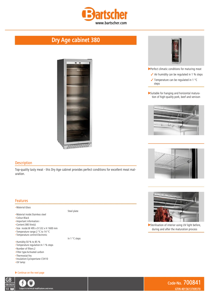 Página 1 del manual Ficha técnica Bartscher Dry Age cabinet 380