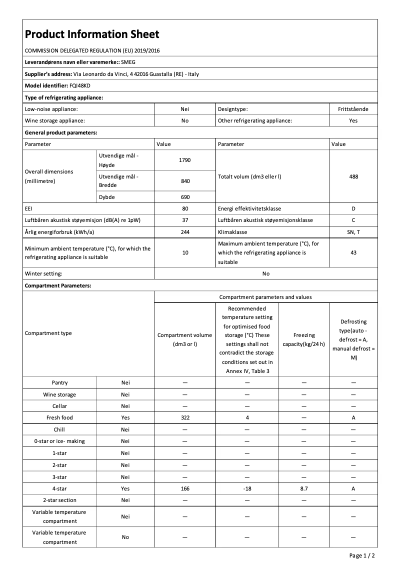 Page n°1 - Fiche technique Smeg FQI48KD