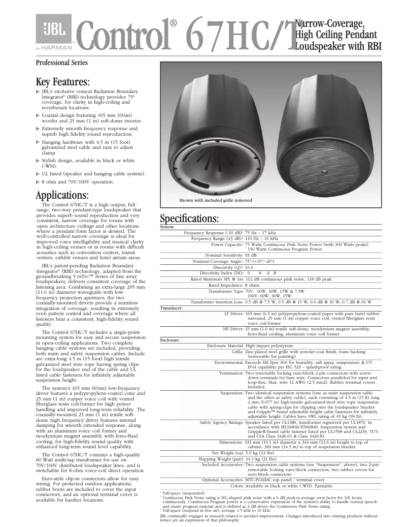 Page 1 de la notice Manuel utilisateur JBL Control 67HC/T