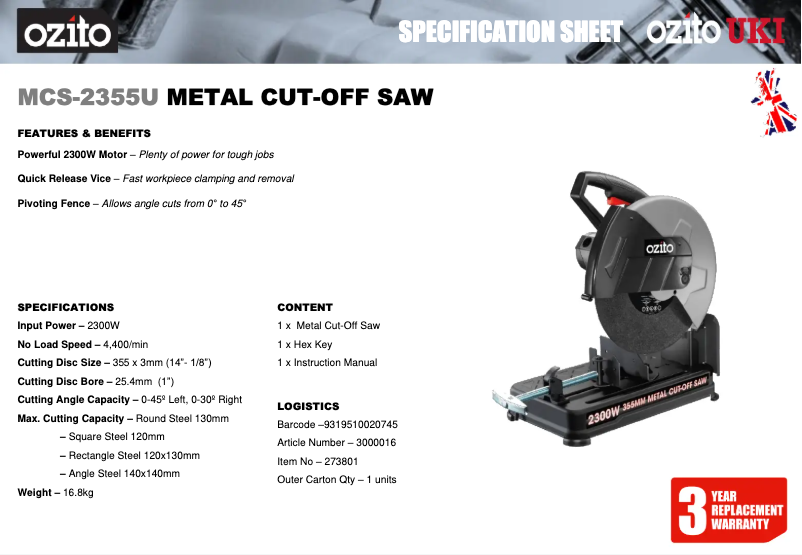 Page 1 de la notice Fiche technique Ozito MCS-2355U