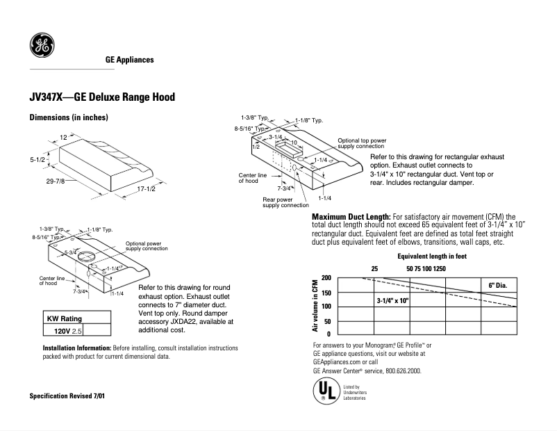 Page 1 of the manual Technical Sheet GE JV347XWW