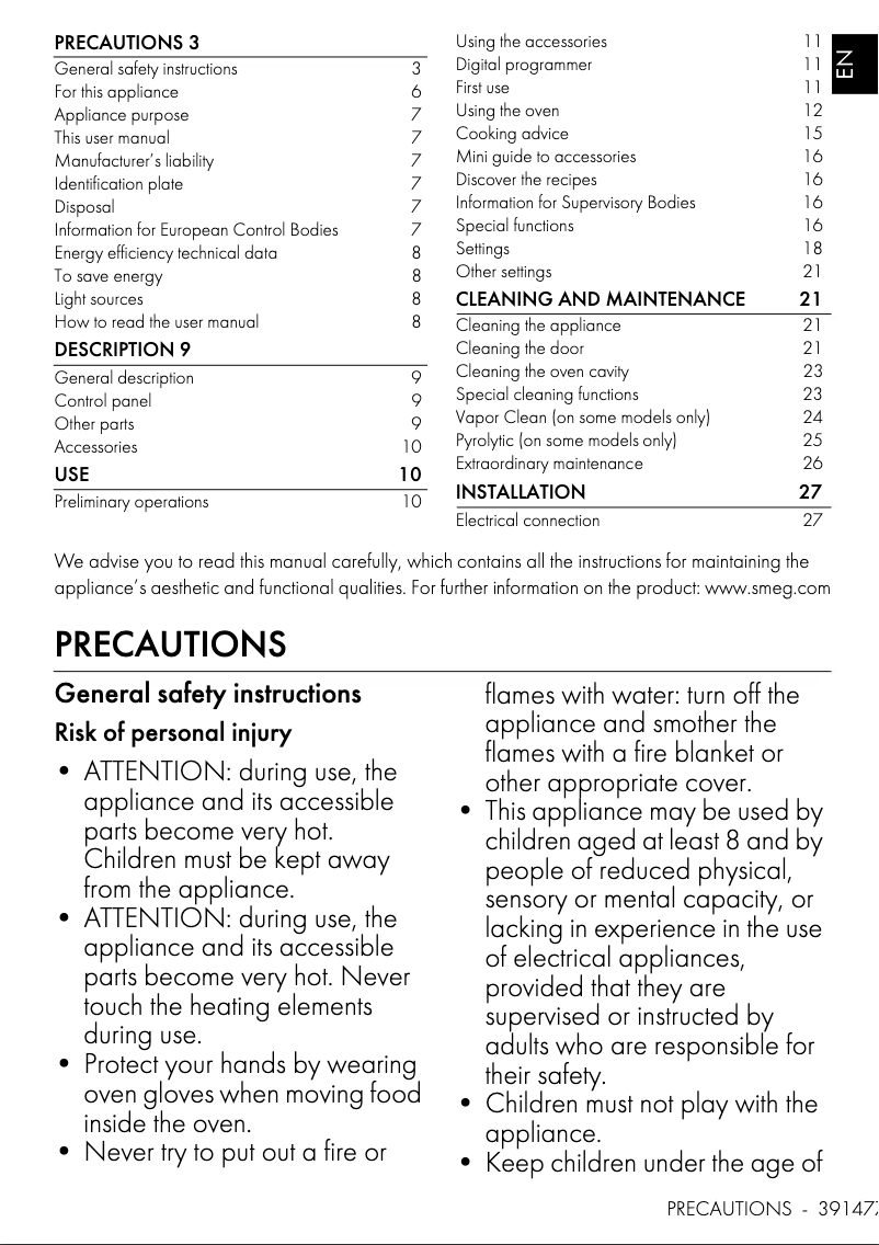 Page 1 de la notice Manuel utilisateur Smeg SFPA7302TX