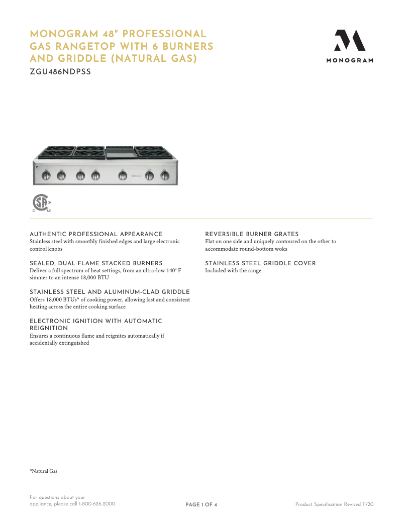 Page n°1 - Fiche technique GE ZGU486LDPSS