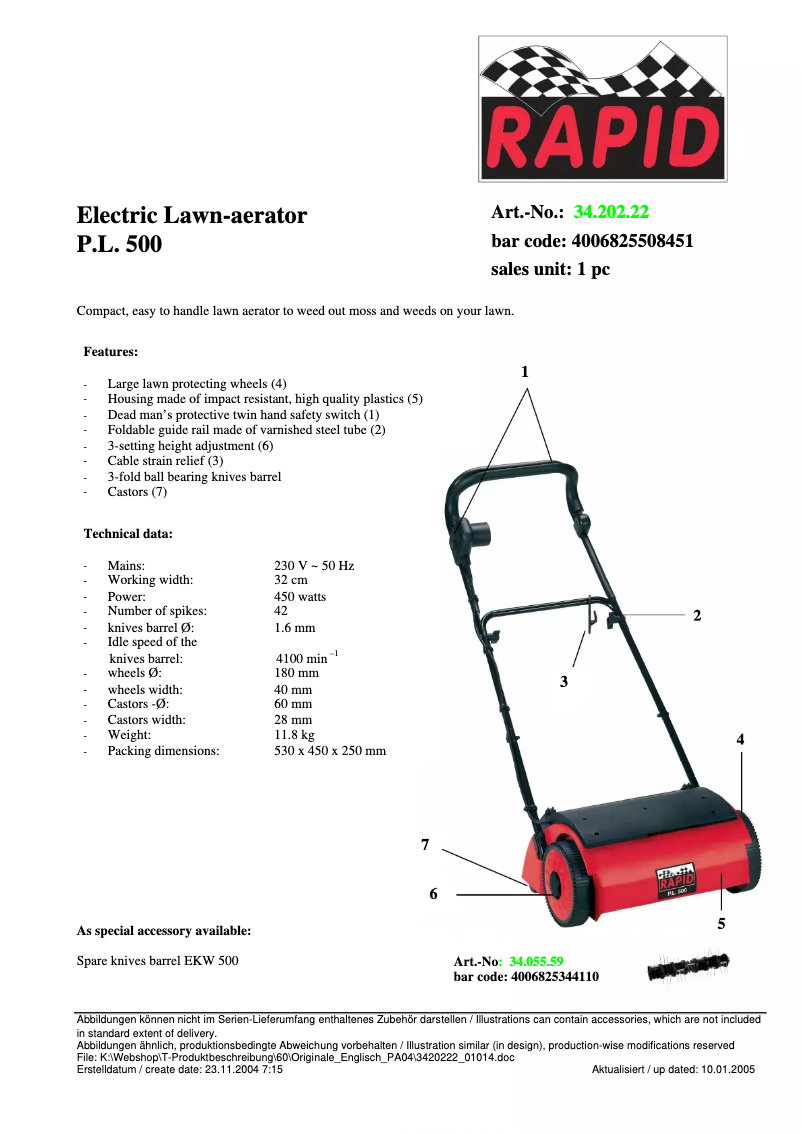 Page 1 de la notice Fiche technique Rapid P.L. 500