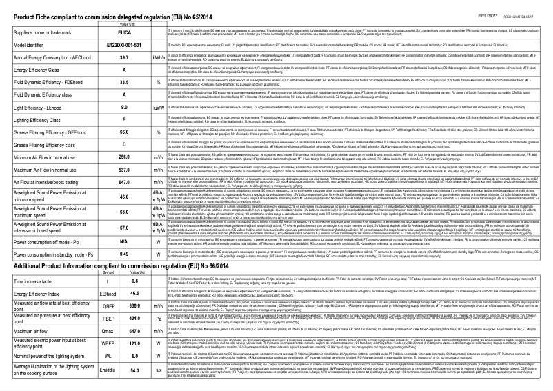 Page 1 de la notice Fiche technique Elica Elite 35 PRF0139069