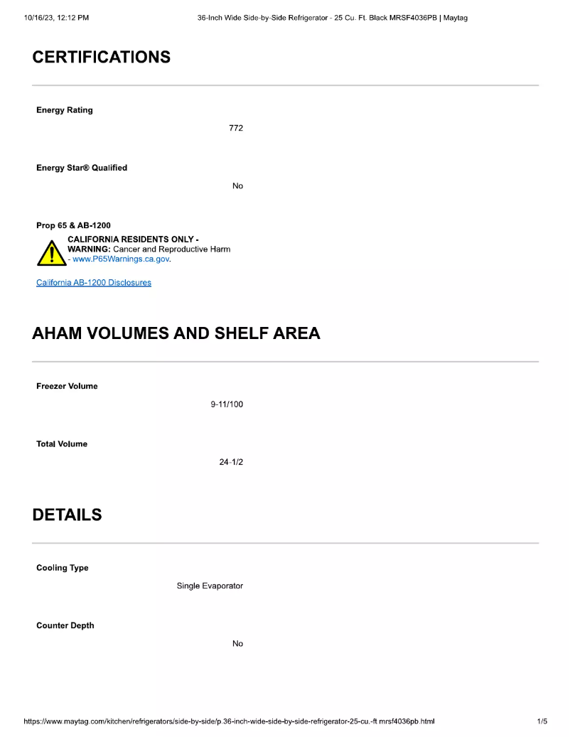 Page 1 de la notice Fiche technique Maytag MRSF4036PB