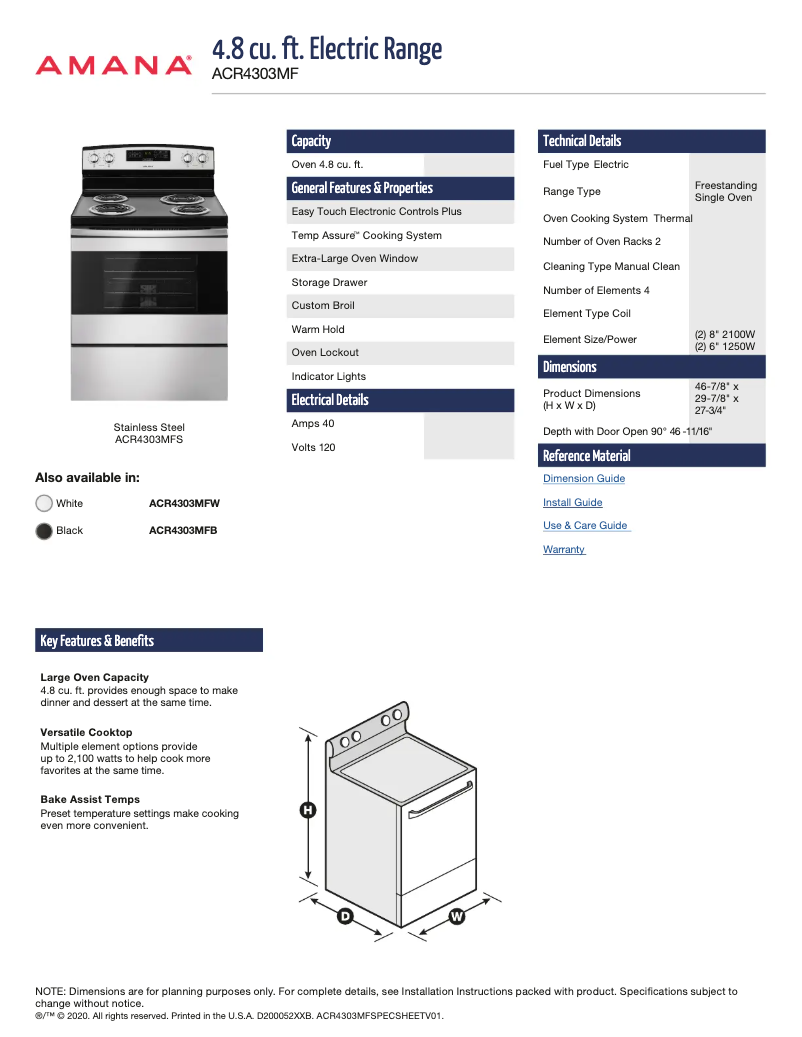 Page 1 de la notice Fiche technique Amana ACR4303MFW
