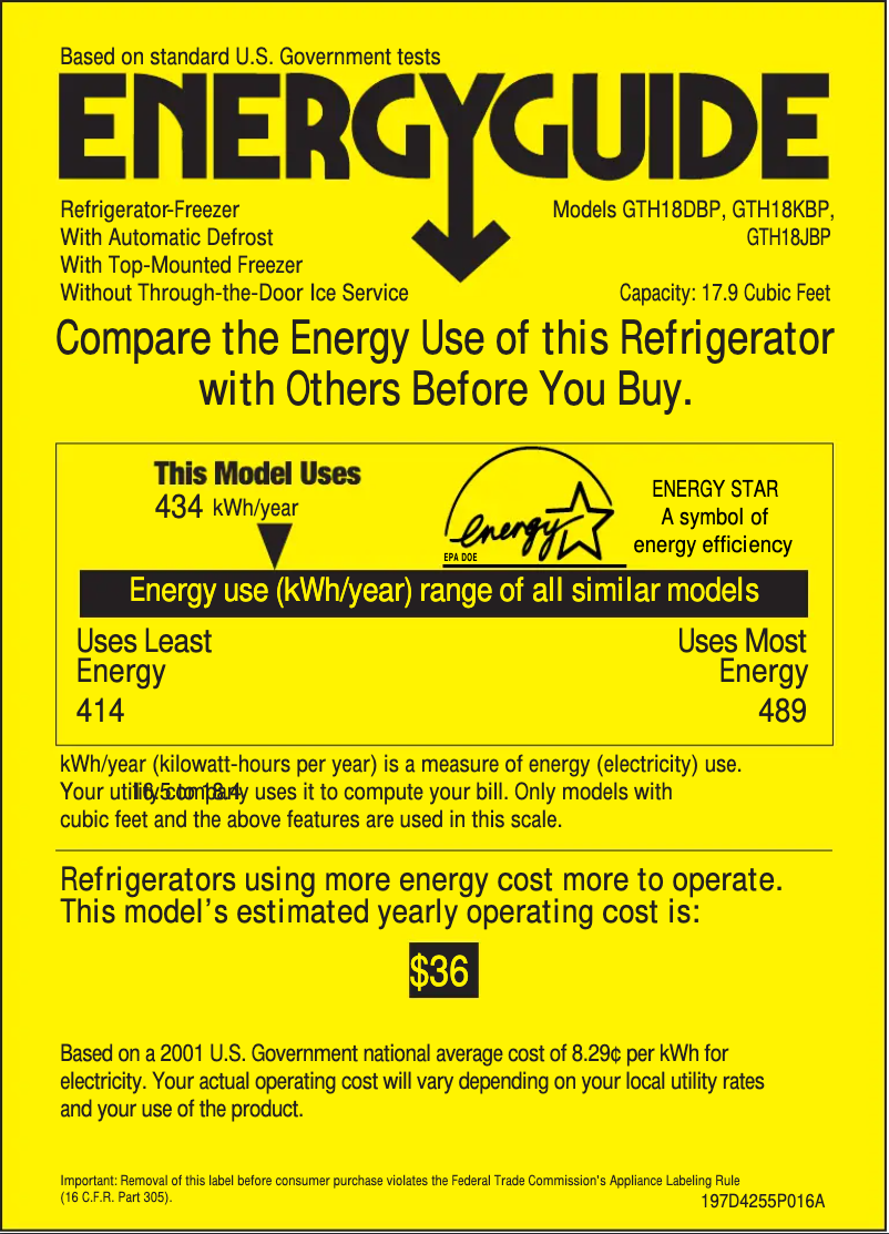 Page 1 de la notice Label énergétique GE GTH18DBPLWW