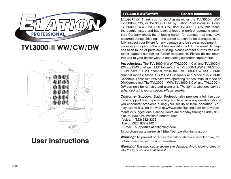 Page 1 de la notice Manuel utilisateur Elation TVL3000-II WW
