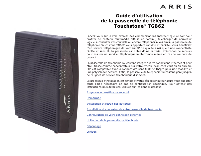 Page n°1 - Manuel utilisateur Arris Touchstone TG862
