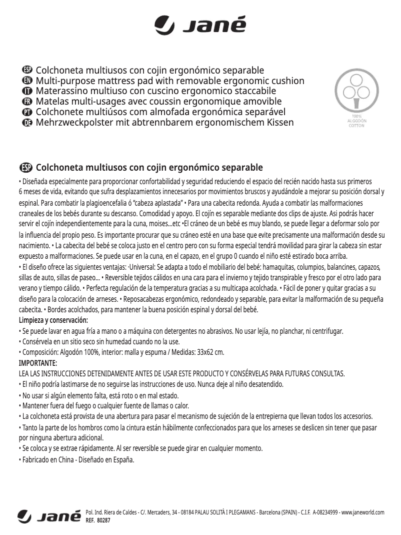 Page 1 de la notice Manuel utilisateur Jane Reversible Universal Mattress Pad