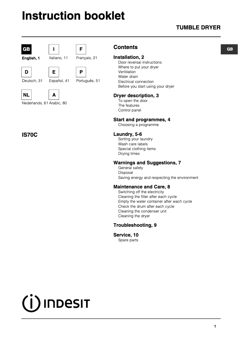 Page 1 de la notice Manuel utilisateur Indesit IS 70 C (EX)
