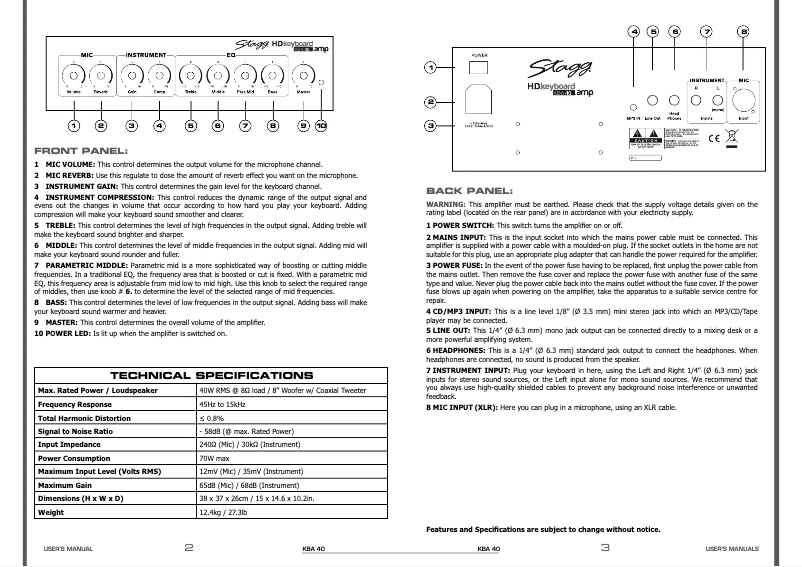 Page 1 de la notice Manuel utilisateur Stagg KBA 40