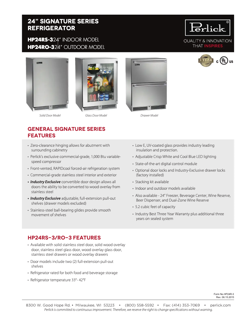 Page n°1 - Fiche technique Perlick HP24RS-3-1L