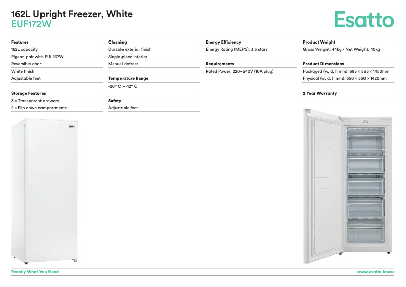 Página 1 del manual Ficha técnica Esatto EUF172W