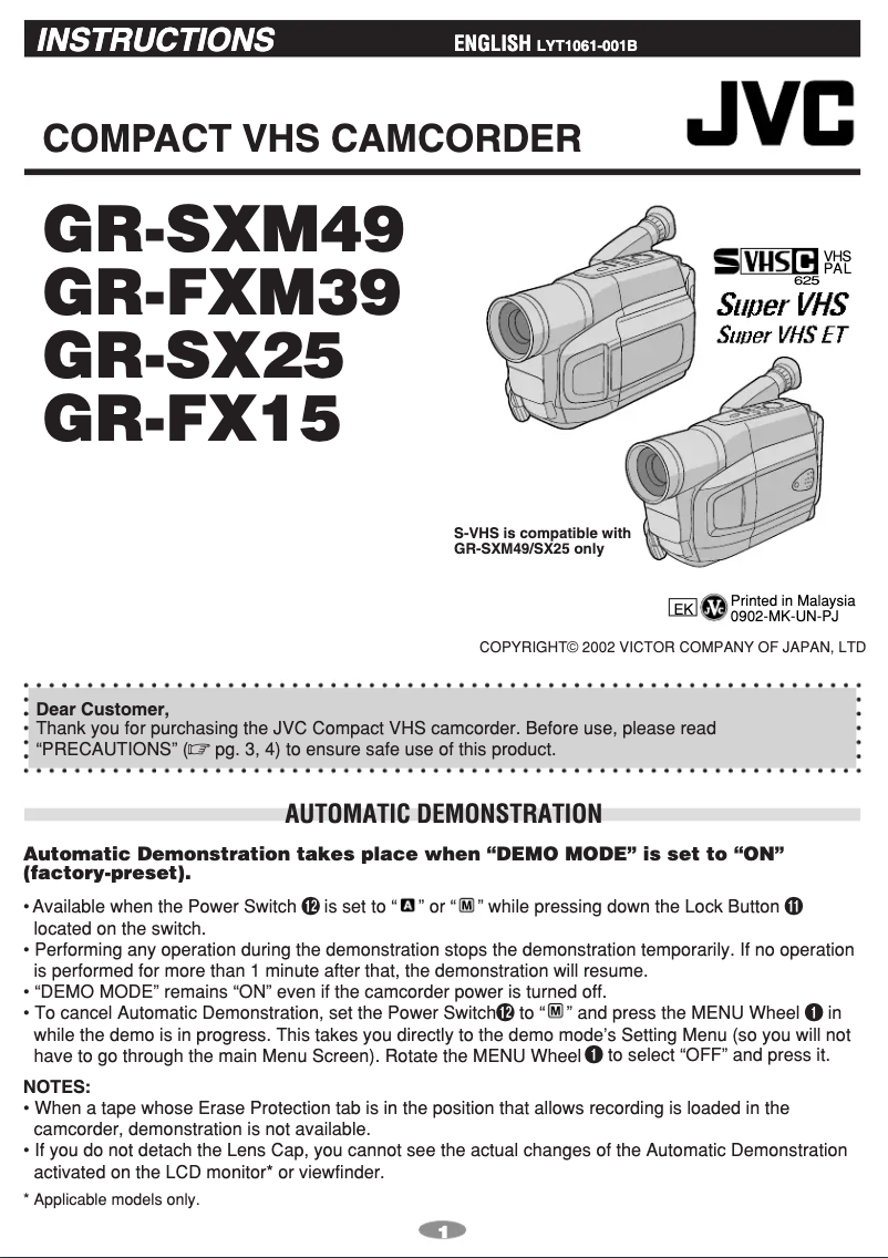 Page 1 de la notice Manuel utilisateur JVC GR-FX15