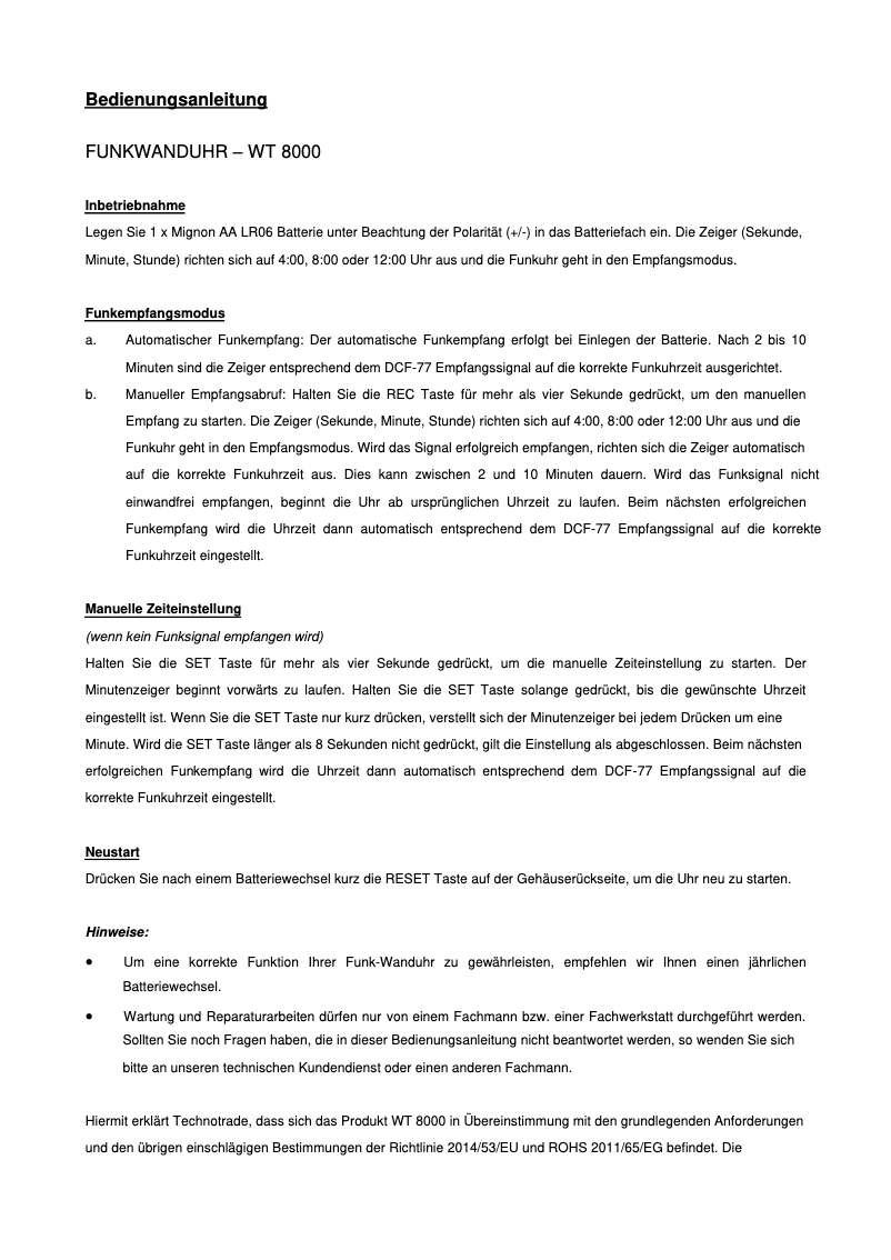 Page n°1 - Manuel utilisateur Techno Line WT 8000