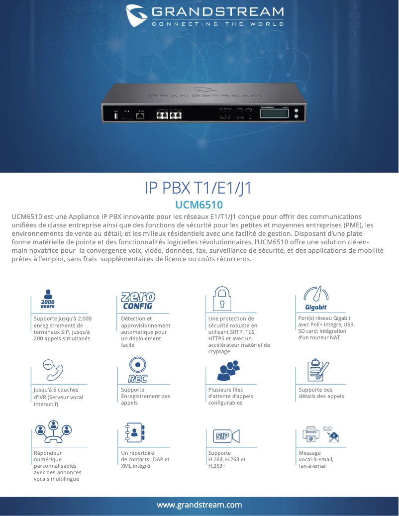 Page 1 de la notice Fiche technique Grandstream UCM6510