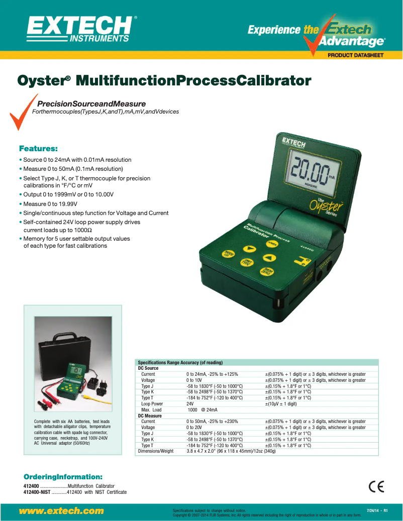 Page 1 de la notice Fiche technique Extech 412400