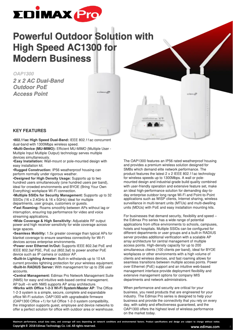 Page 1 de la notice Fiche technique Edimax OAP1300