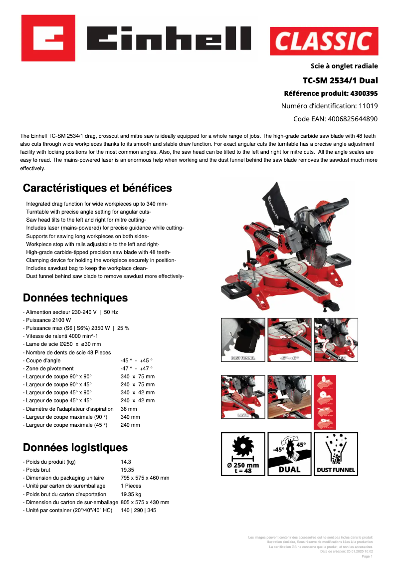 Page n°1 - Fiche technique Einhell TC-SM 2534/1 Dual