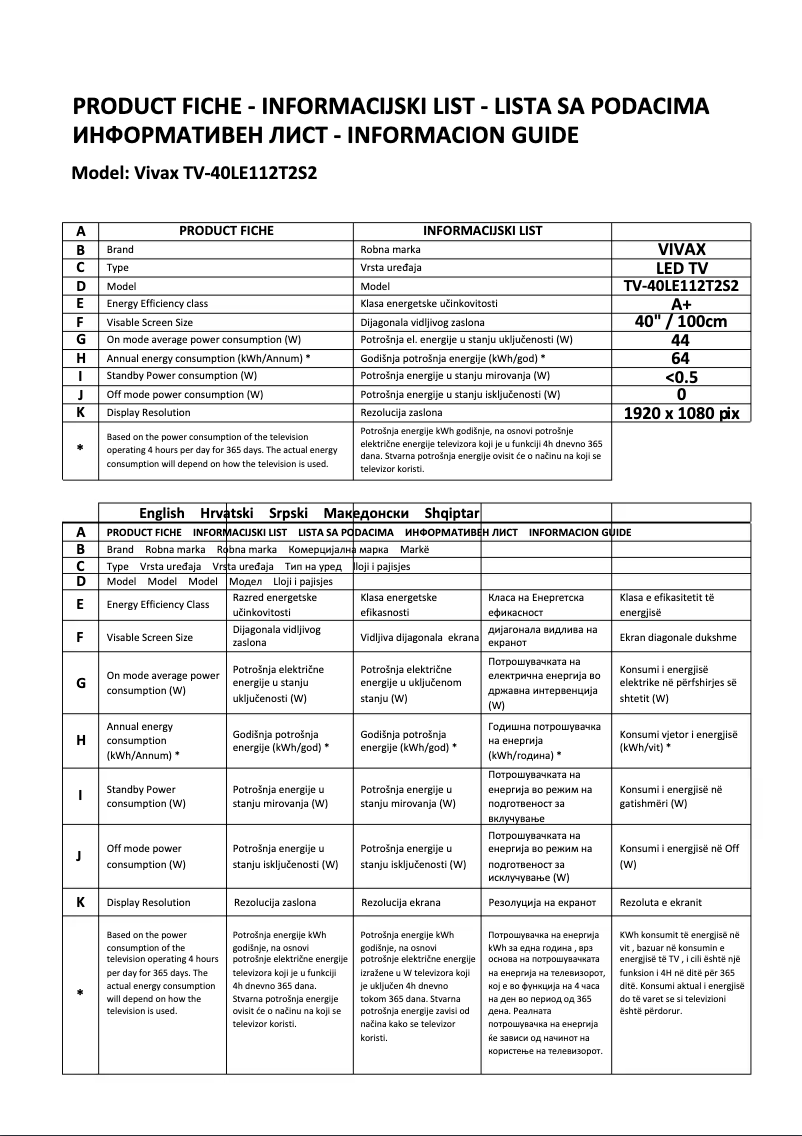 Página 1 del manual Ficha técnica Vivax TV-40LE112T2S2