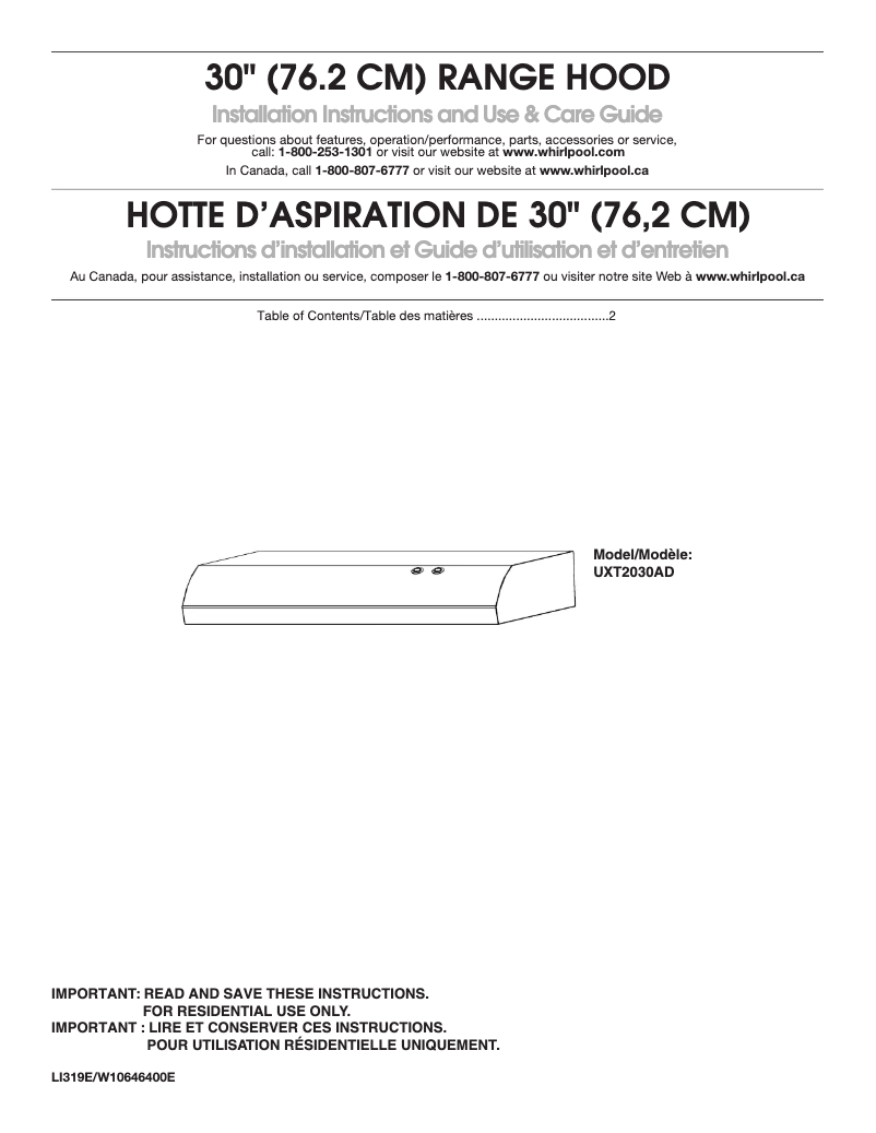 Page 1 de la notice Manuel utilisateur Whirlpool UXT2030ADB