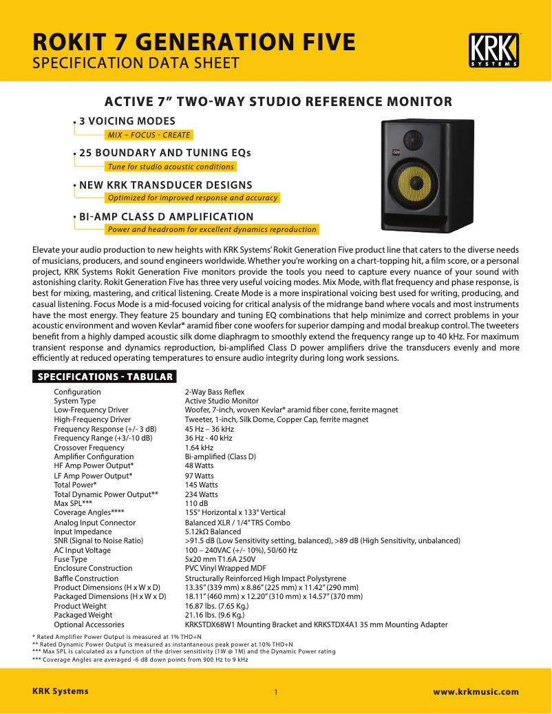 Page n°1 - Fiche technique KRK Rokit RP7 G5
