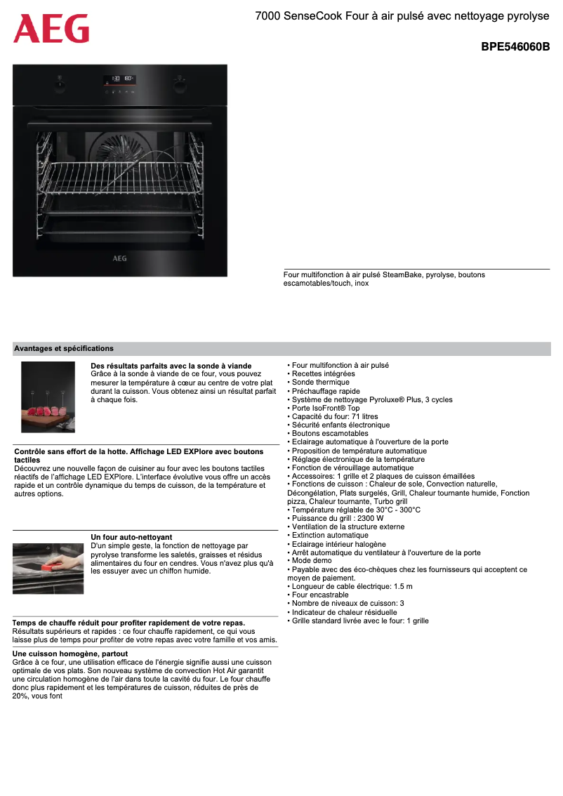 Page 1 de la notice Fiche technique AEG BPE546060B