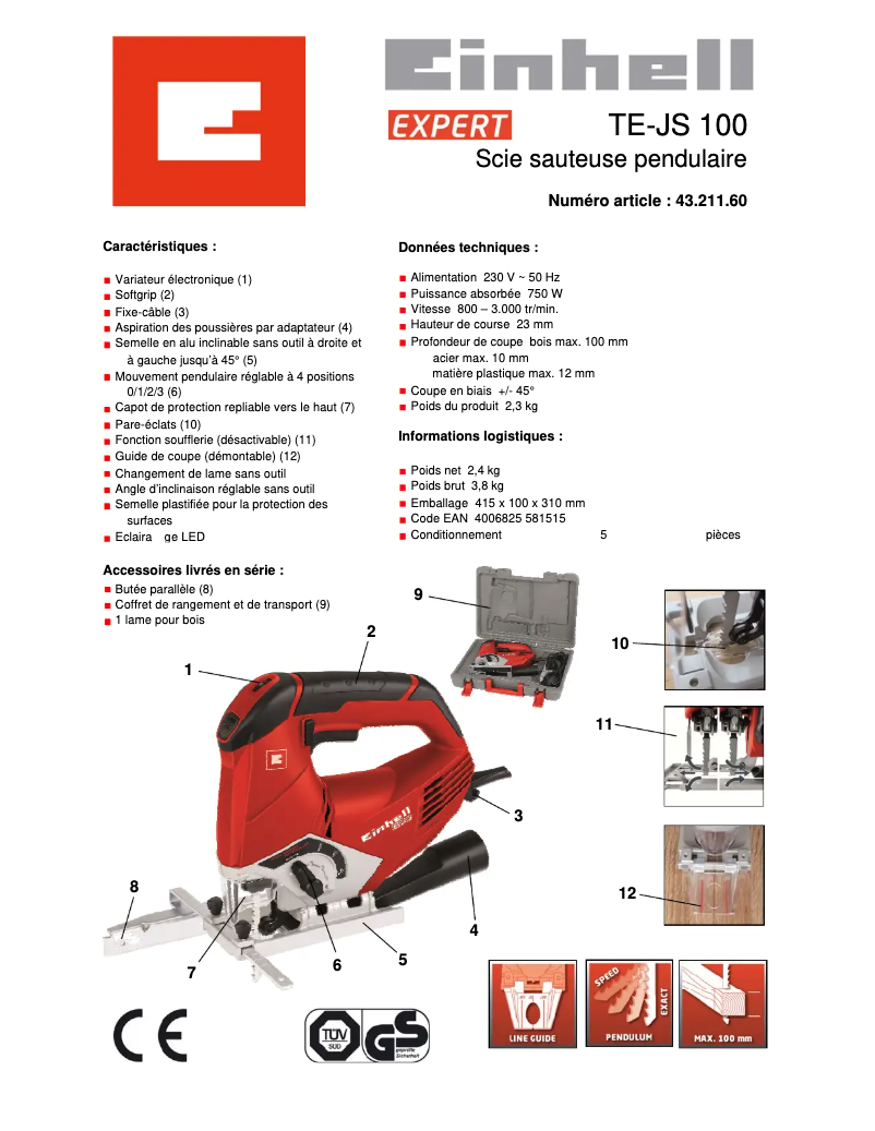 Página 1 del manual Ficha técnica Einhell TE-JS 100