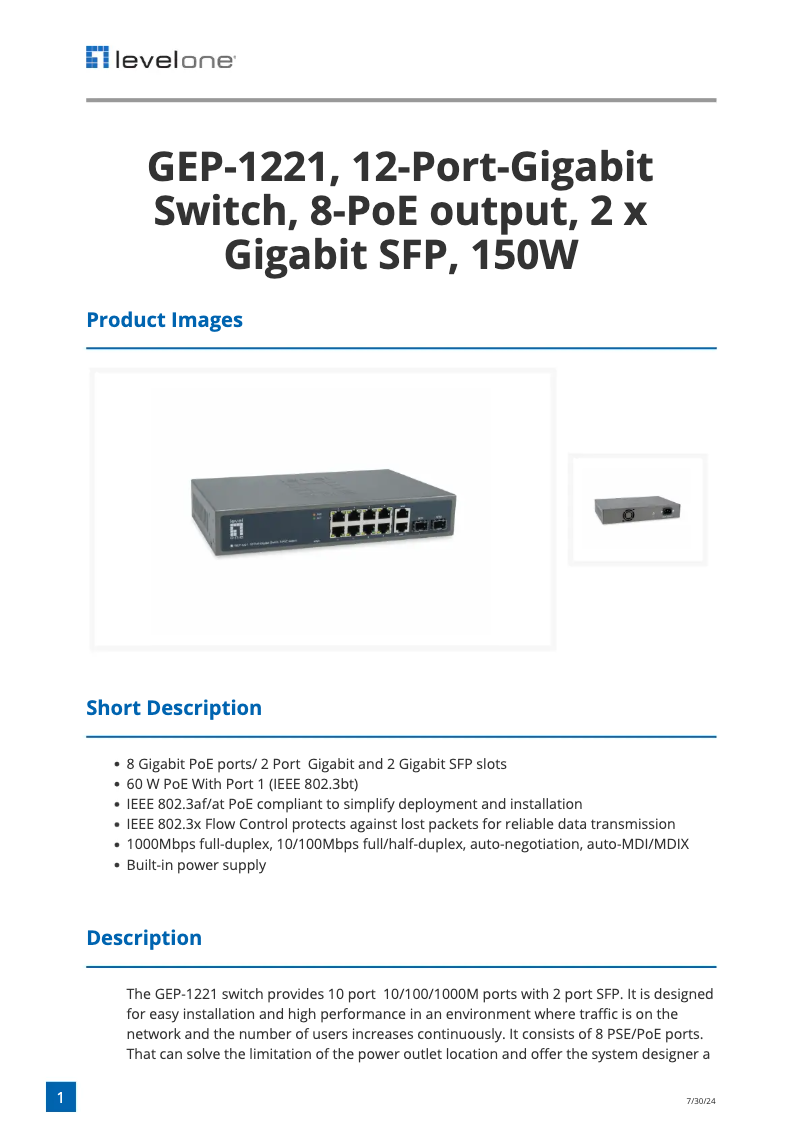 Page 1 de la notice Fiche technique LevelOne GEP-1221
