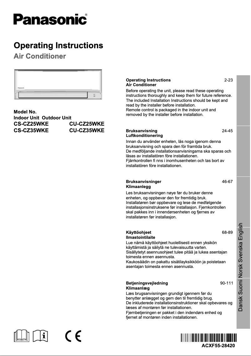 Page 1 de la notice Manuel utilisateur Panasonic CS-CZ25WKE