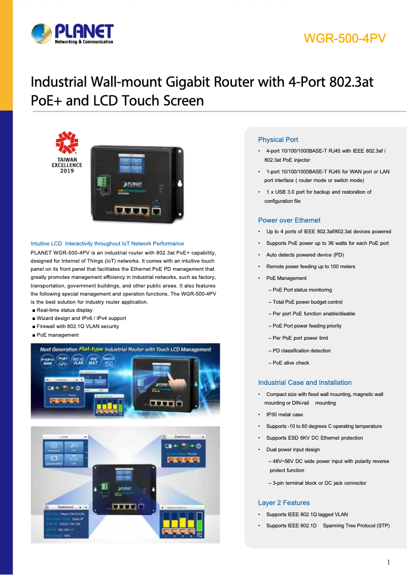 Page 1 de la notice Fiche technique Planet WGR-500-4PV