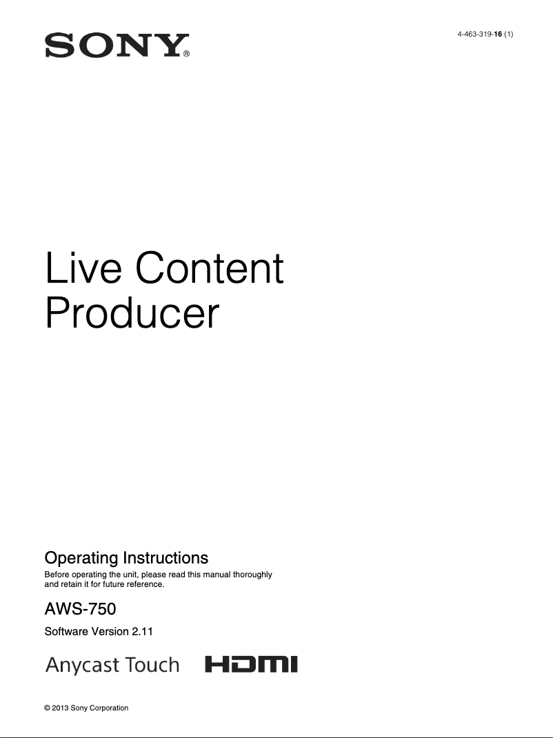 Page 1 de la notice Manuel utilisateur Sony Anycast Touch Live AWS-750