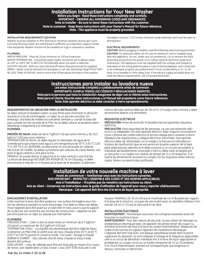 Page 1 de la notice Guide d'installation GE GTWP2000MWW