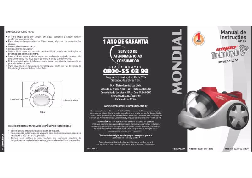 Page 1 de la notice Manuel utilisateur Mondial Super Turbo Cyclo AP-06