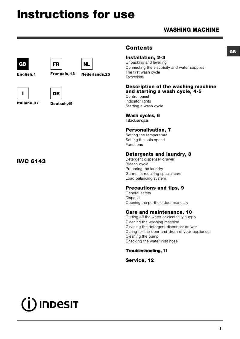Page 1 de la notice Manuel utilisateur Indesit IWC 5145