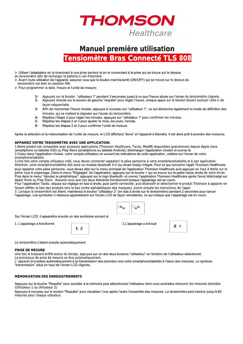 Page 1 de la notice Manuel utilisateur Thomson TLS-808