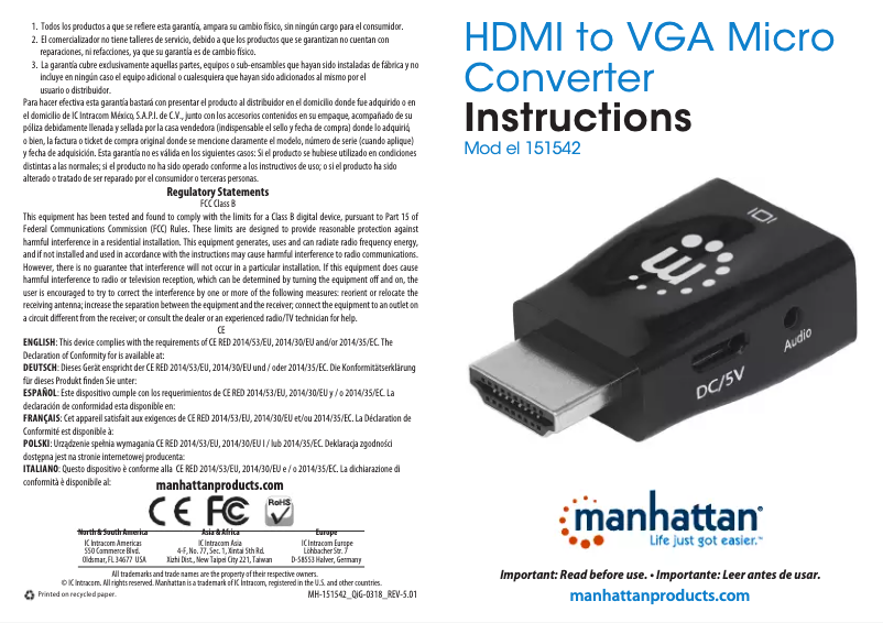 Page n°1 - Mode d'emploi Manhattan HDMI to VGA Micro Converter 151542