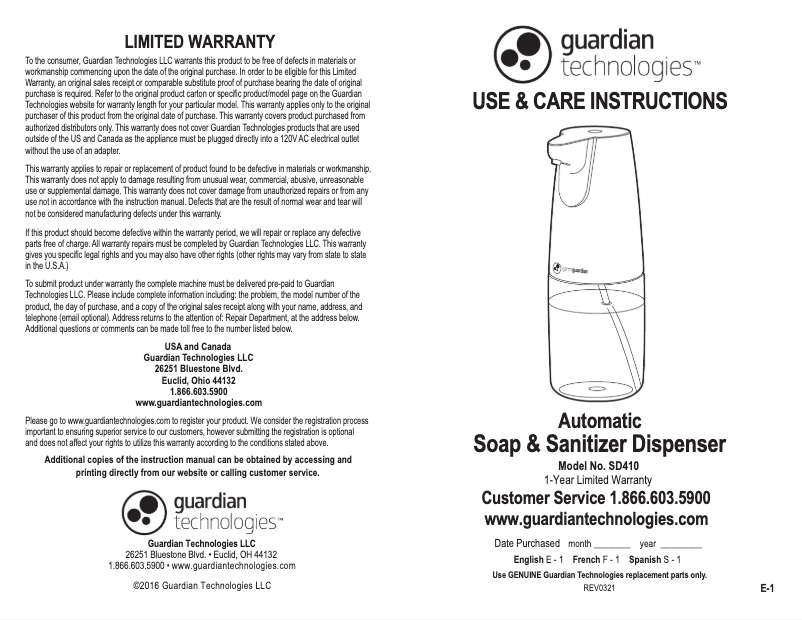 Página 1 del manual Manual de usuario GermGuardian SD410