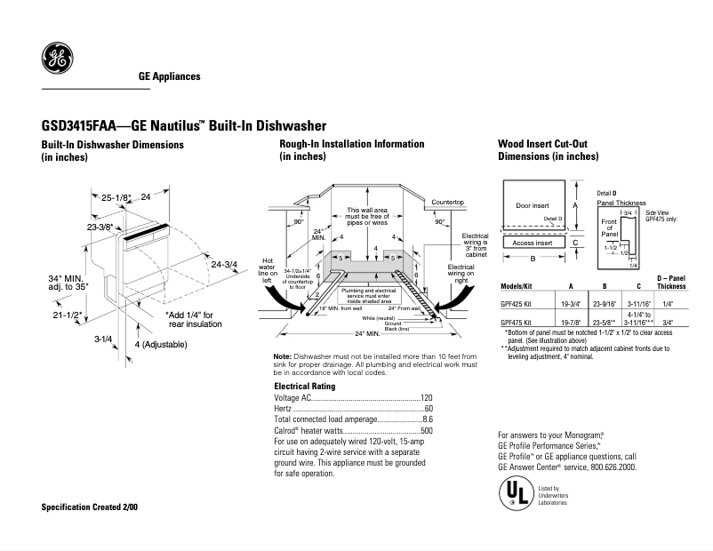 Página 1 del manual Ficha técnica GE GSD3415FAA