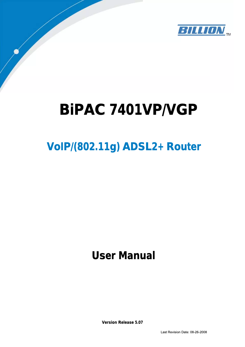 Page 1 de la notice Manuel utilisateur Billion BiPAC 7401VGP