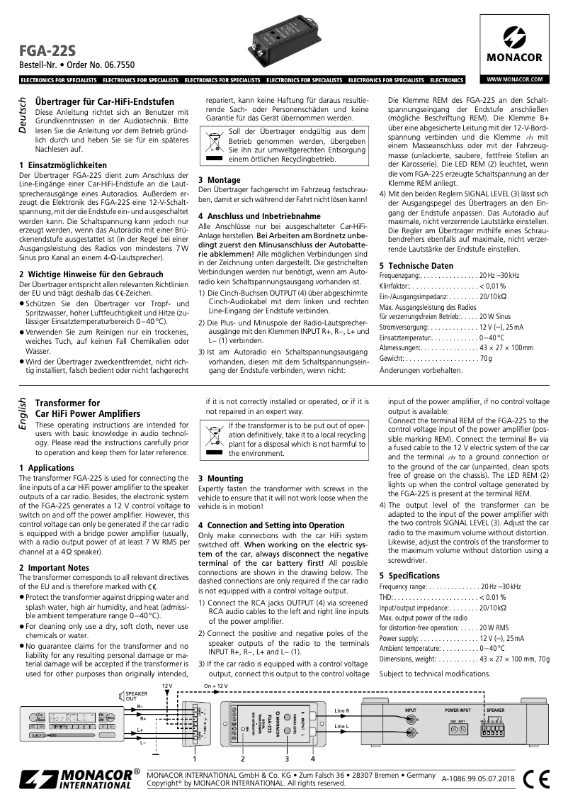 Page 1 de la notice Manuel utilisateur Monacor FGA-22S