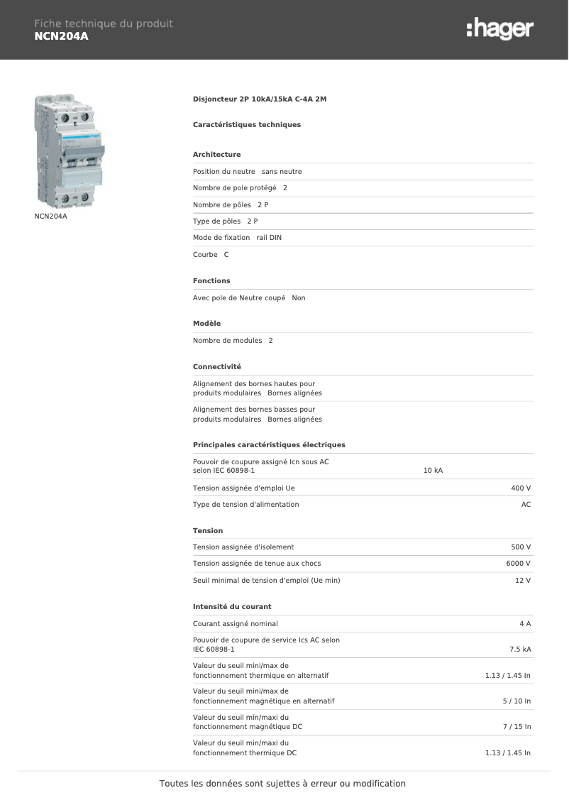 Page n°1 - Manuel utilisateur Hager NCN204A