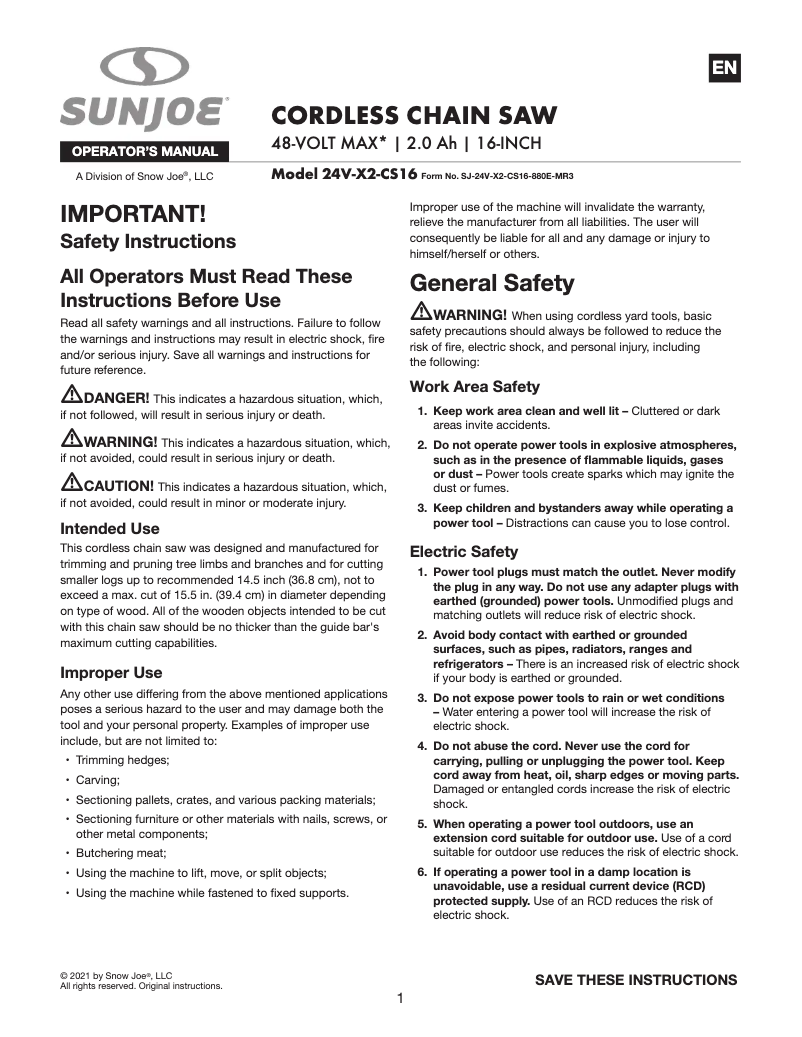 Page 1 de la notice Manuel utilisateur Sun Joe BDL-A0199