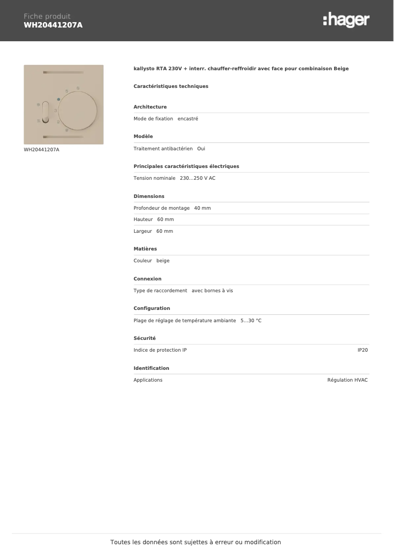 Page n°1 - Fiche technique Hager WH20441207A