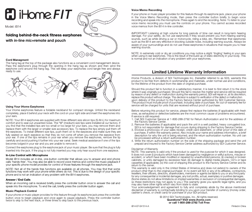 Page 1 de la notice Manuel utilisateur iHome iB14